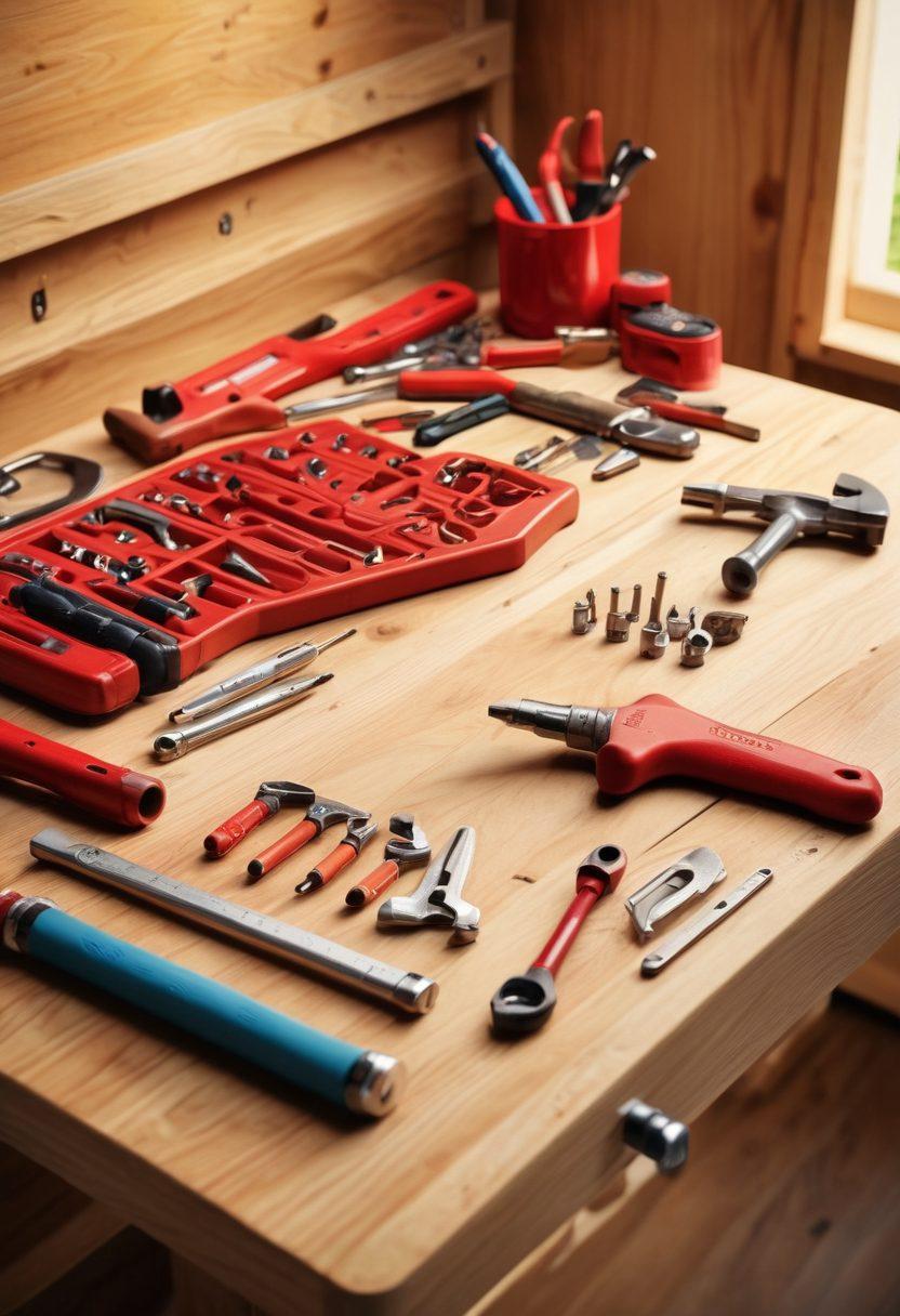 An inviting, modern workspace filled with vibrant red tools, such as a hammer, screwdrivers, and a wrench, arranged creatively on a wooden workbench. The background showcases a cozy, well-organized home improvement area with DIY projects in progress. Warm lighting enhances the atmosphere of productivity and creativity. super-realistic. vibrant colors. 3D.