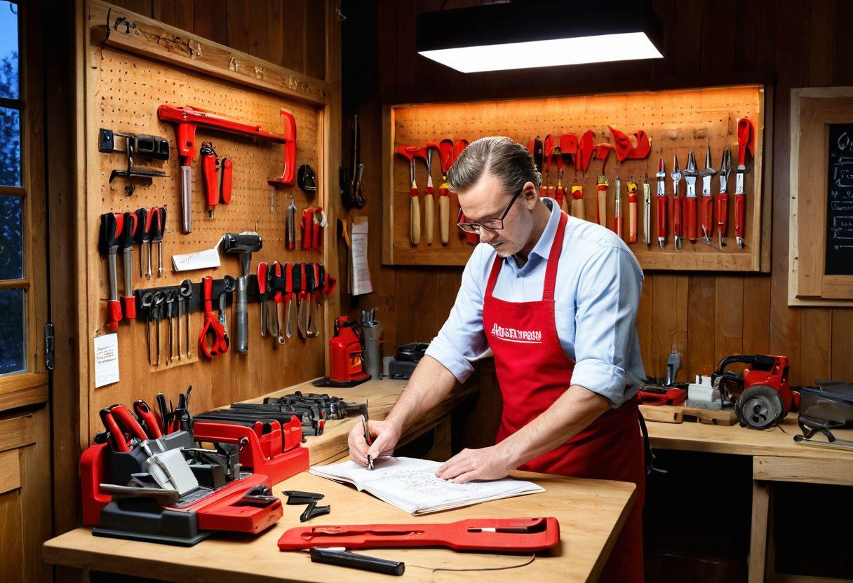A well-organized workshop filled with a variety of bright red tools, showcased on a sturdy wooden workbench. An expert, dressed in a workshop apron, is reviewing a tool while jotting down notes in a notebook. A glowing neon sign that reads 'Mastering Your Workshop' illuminates the scene, with maintenance tips pinned on a corkboard in the background. The ambiance is warm and inviting, suggesting productivity and expertise. super-realistic. vibrant colors. 3D.