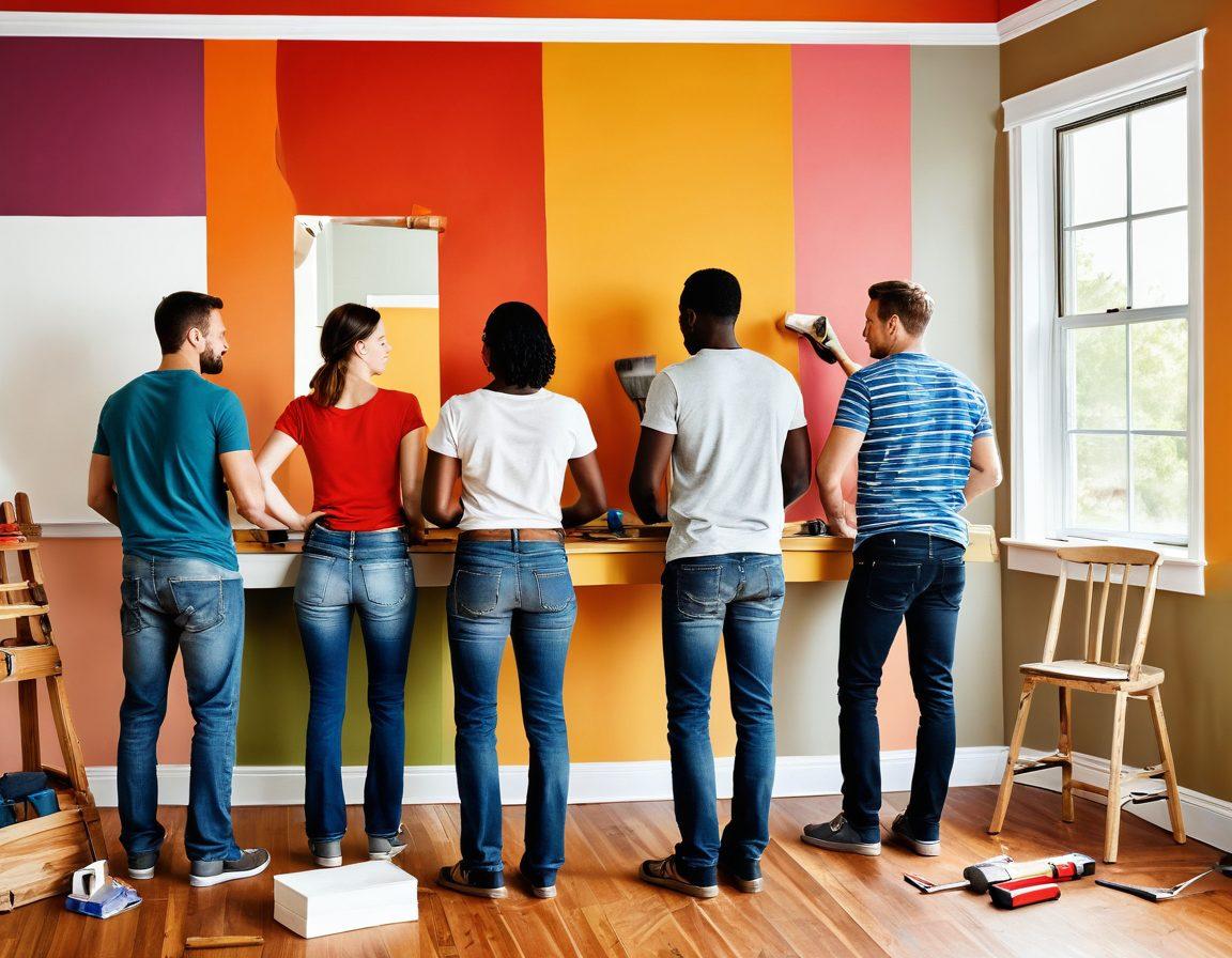 A dynamic scene featuring a diverse group of individuals engaged in thoughtful home renovation activities, showcasing an array of essential tools like hammers, saws, and paintbrushes. The backdrop emphasizes a partially renovated room with fresh paint and new fixtures, symbolizing transformation. Incorporate a bright and inviting atmosphere, conveying a sense of community and creativity in home improvement. vibrant colors. modern illustration style.